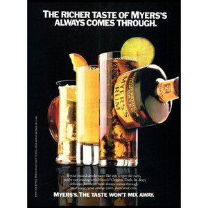 1986 Myers's Run Vintage Print Ad Cocktail Glasses Drinks Bar Man Cave Wall Art